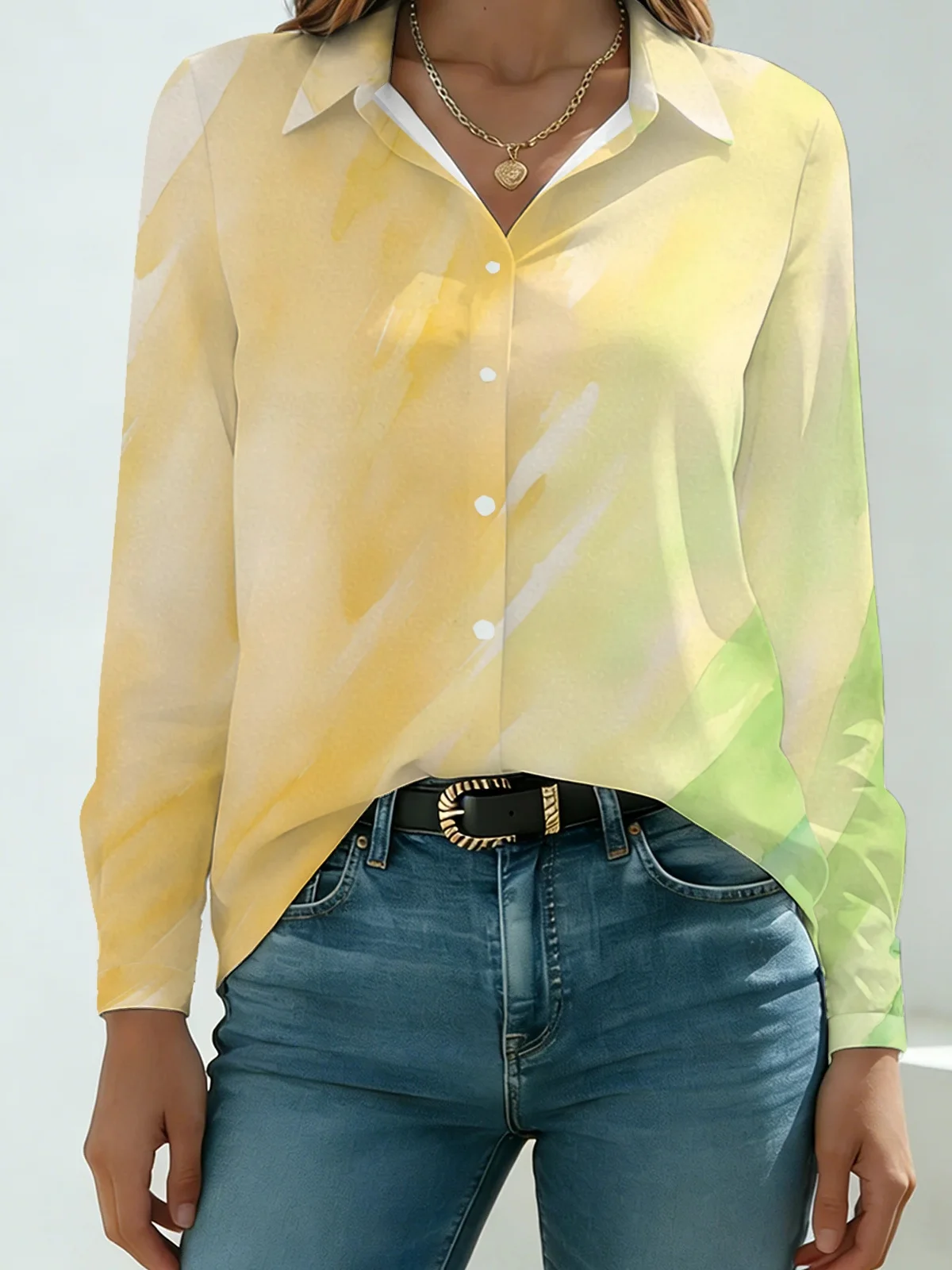 Abstract Watercolor Gradient Shirt Women Lapel Yellow Green Brush Stroke Print Button Down Blouse for Office Daily Work