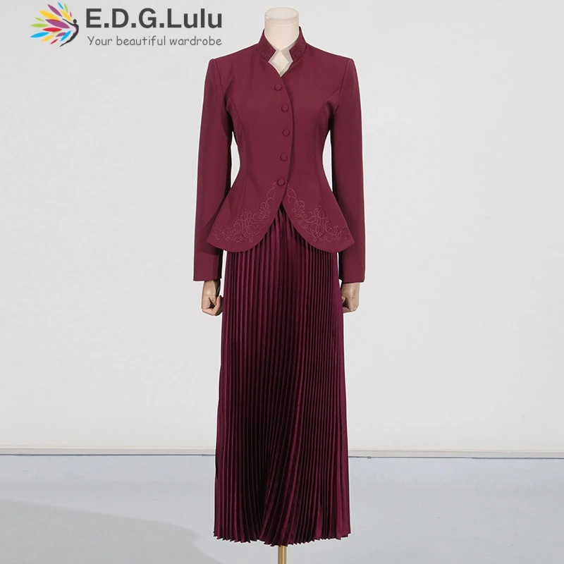 EDGLuLu 2 Piece Sets Women Outfit Embroider Flowers Single Breasted Top Jacket+High Waist Pleat Long Skirt Red Suit 0105