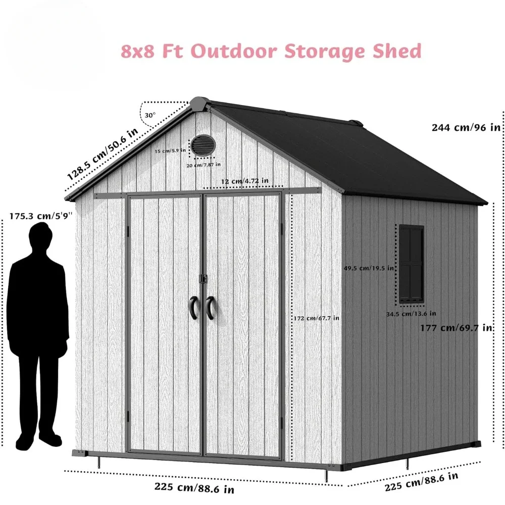 8x8 FT Outdoor Storage Shed with Floor, Side Window, 8FT Plastic Storage Sheds, Tall 376 Cuft Resin Garden Tool Shed