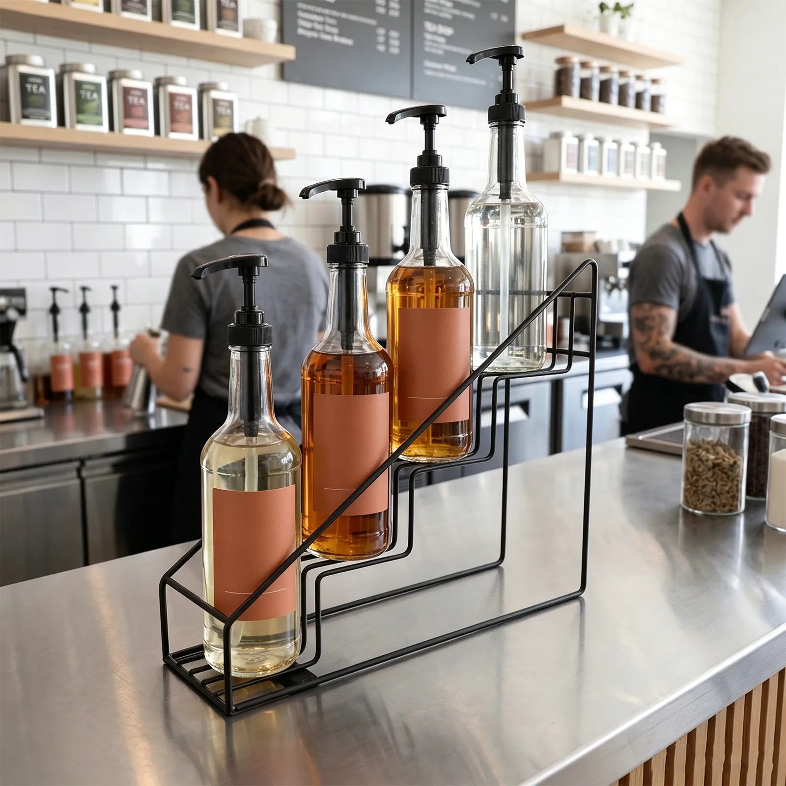 4 Tier Coffee Bar Syrup Holder Rack Stainless Steel Vertical Storage Organizer Stand for Syrup Bottles Kitchen Beverage