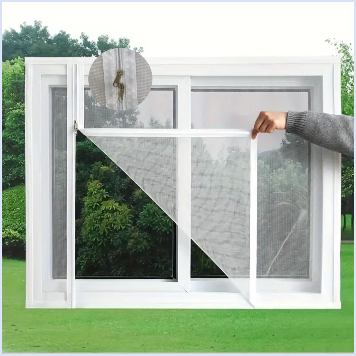 White multi size zippered window screen, self-adhesive zipper, mosquito proof door curtain for window screen It's very convenien