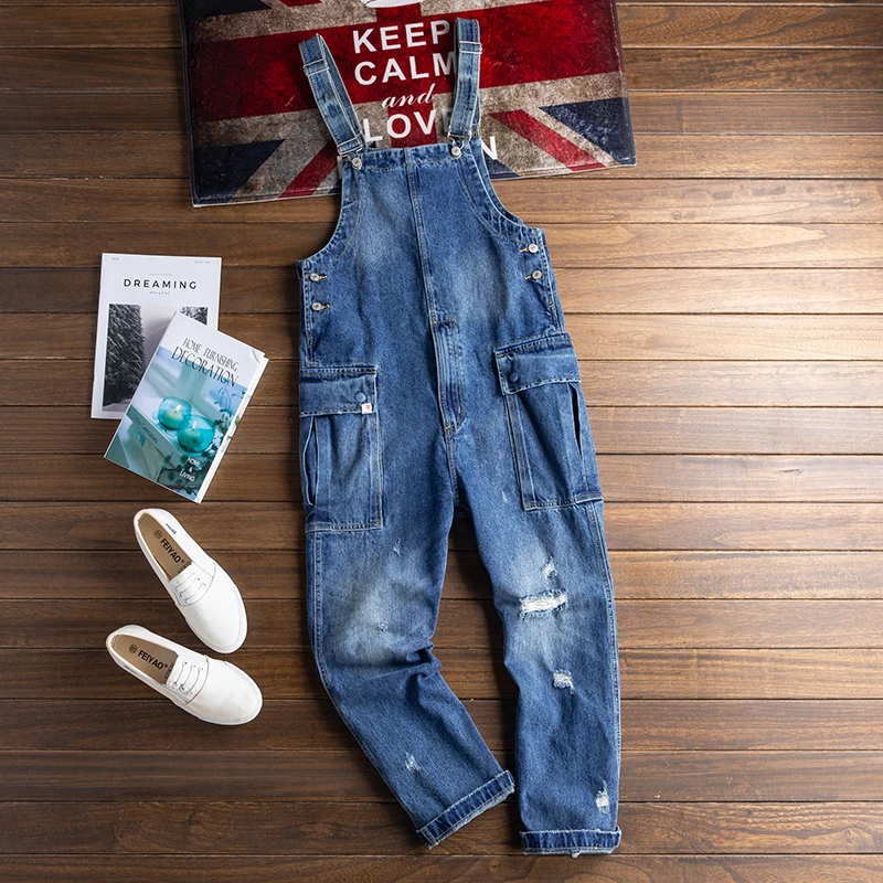 

Wu Wen Le Men's Overall Denim Overalls Jeans Men's Susps Pants Water Waed Distred Straight Leg Trendy Brand Denim