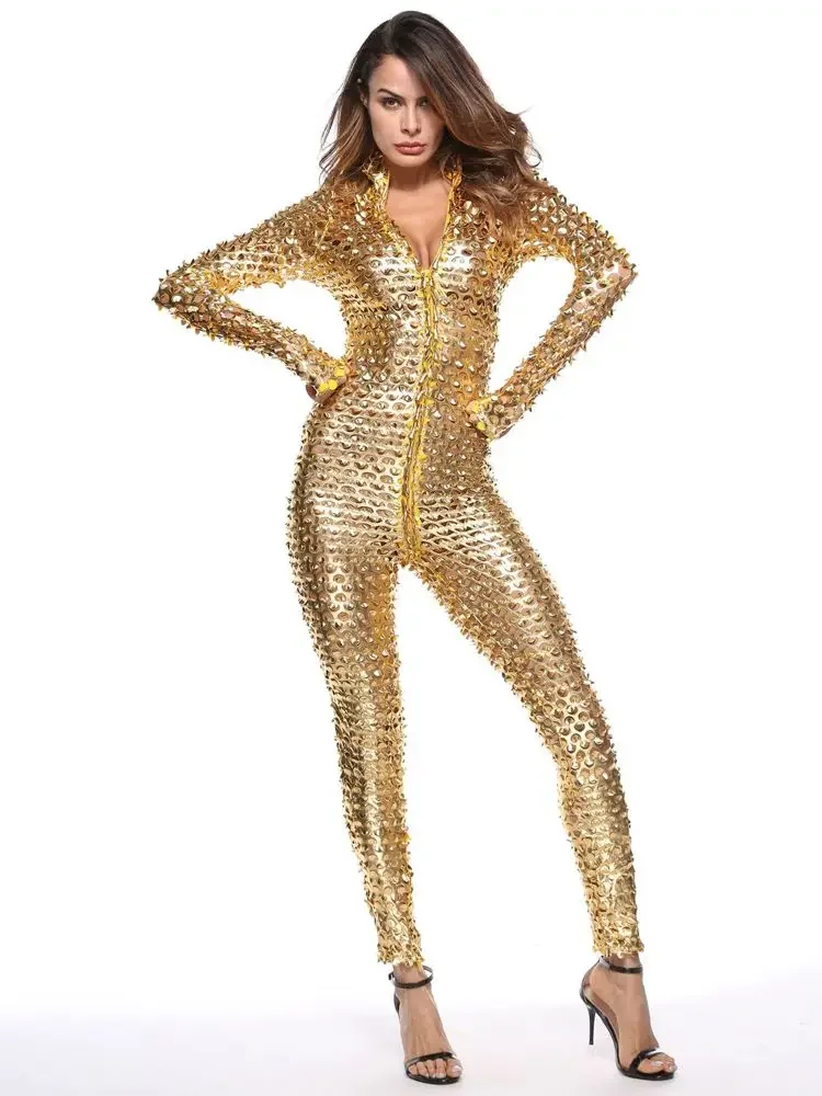 Catsuit de cuero PU brillante con aspecto húmedo, escamas de pescado, mono calado de manga larga con cremallera y entrepierna abierta, mono ajustado Sexy para discoteca