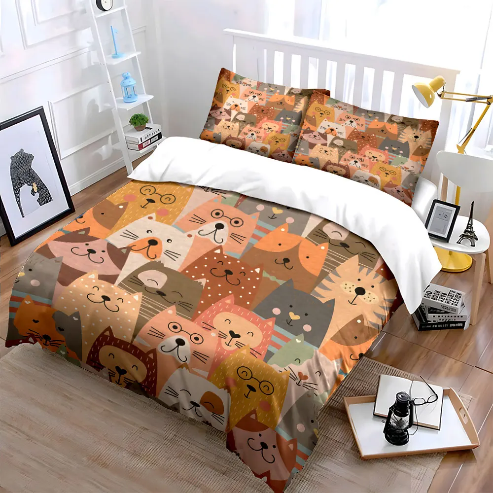 Adorable cartoon cat collage Bedding Set for Kids Luxury Gift 3pcs Digital Print Comforter Set Soft Comfortable Breathable