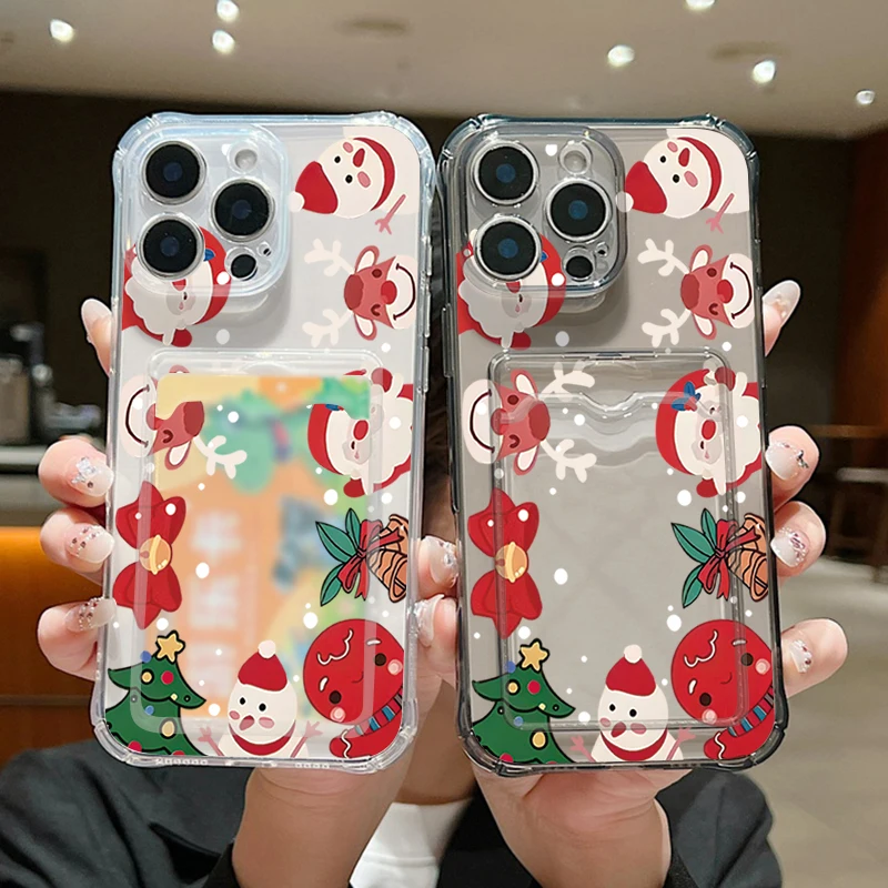 Christmas Case For iPhone 16 Pro Max Luxury Santa Claus Snowman Clear Soft Card Holder Cover For iPhone 11 12 13 14 15 Pro Max