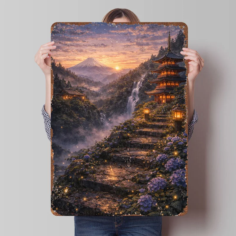 Bezauberndes Japanisches Bergpagoden-Blechposter Maßgefertigte Wandkunst Vintage Metallschilder Retro Blechschild für Heimdekoration