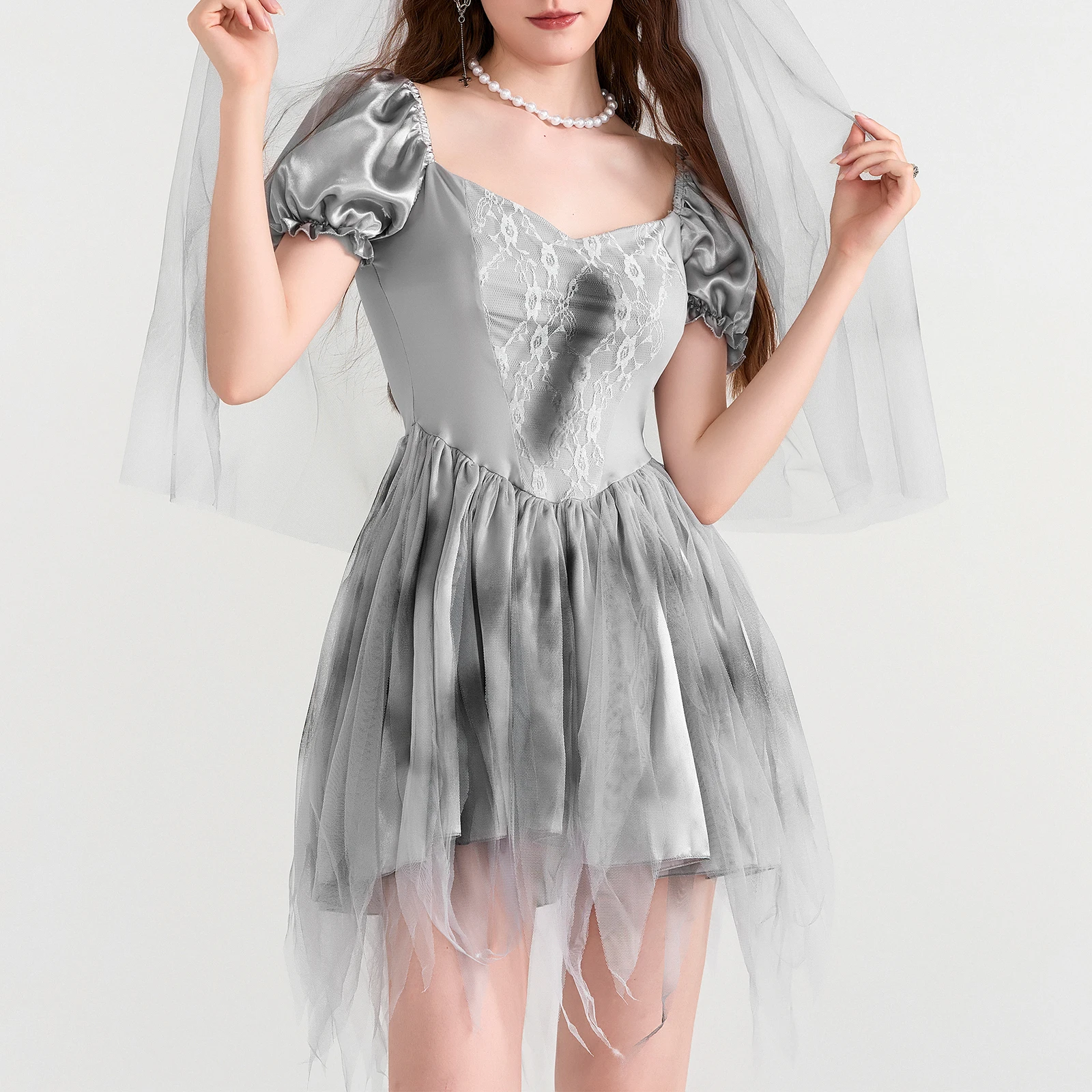 Women Dead Bride Costume Sweetheart Neck Short Sleeve Corset Dress Mesh Headband for Halloween Cosplay