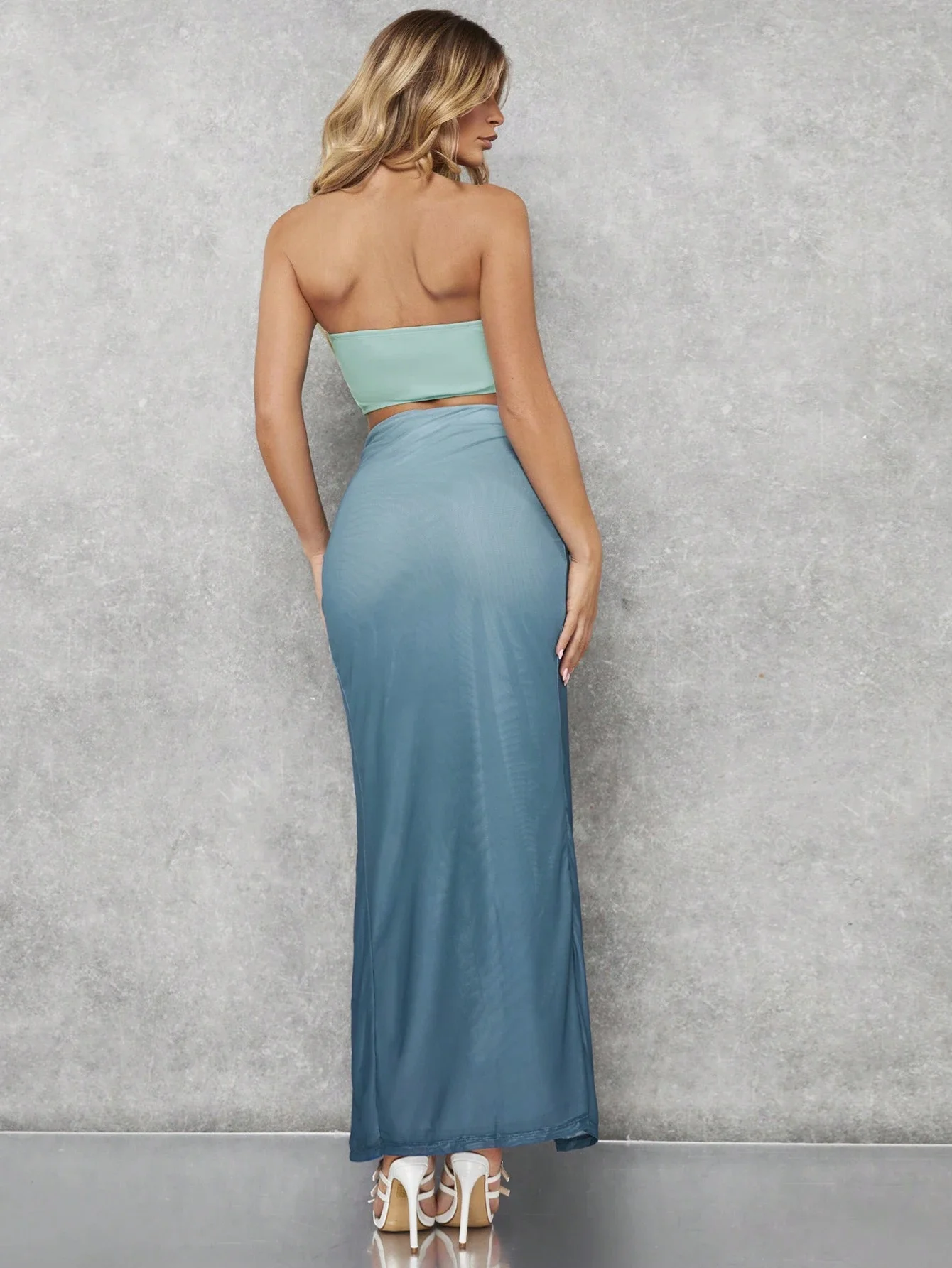 Ruched Crop Tube Top And High Slit Skirt Set