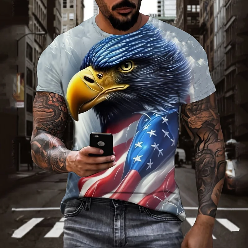 3D American Flag & Eagle Pattern T-shirt For Men, Trendy Short Sleeve Top, Men's Clothing For Outing