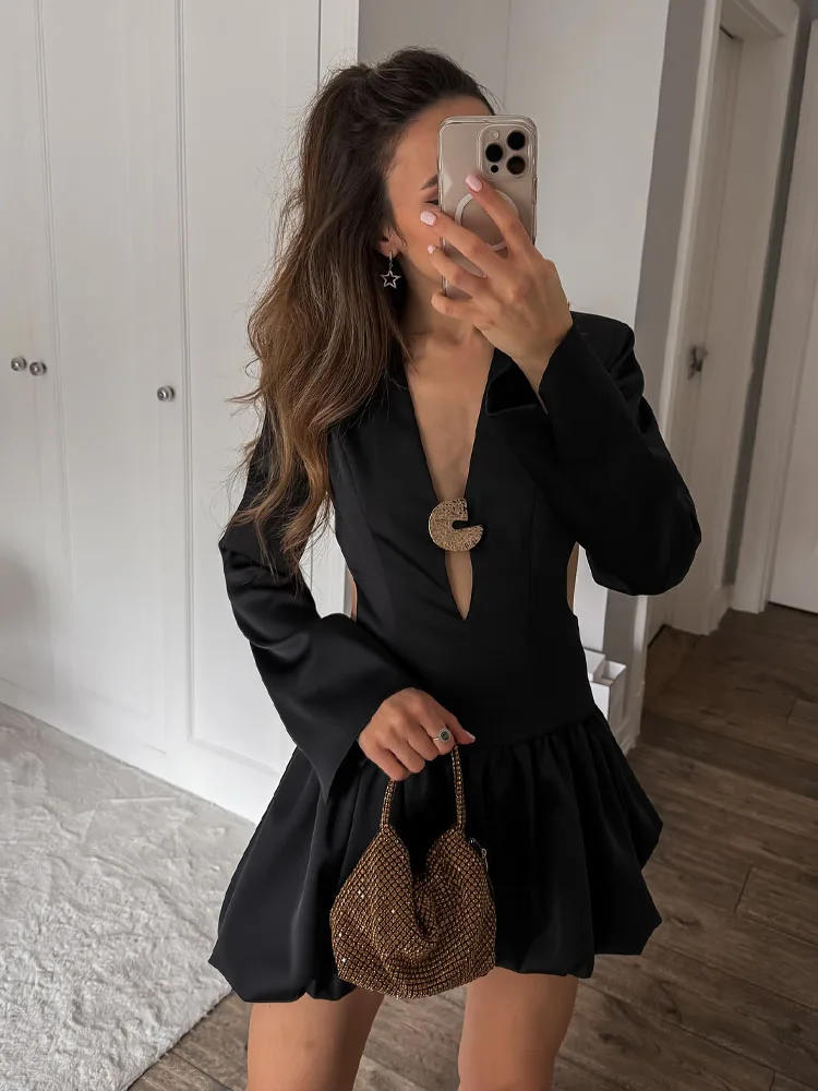 HH femmes été solide Mini robes femme mode manches longues Sexy col en v creux dos nu décorer robe élégante robe de soirée