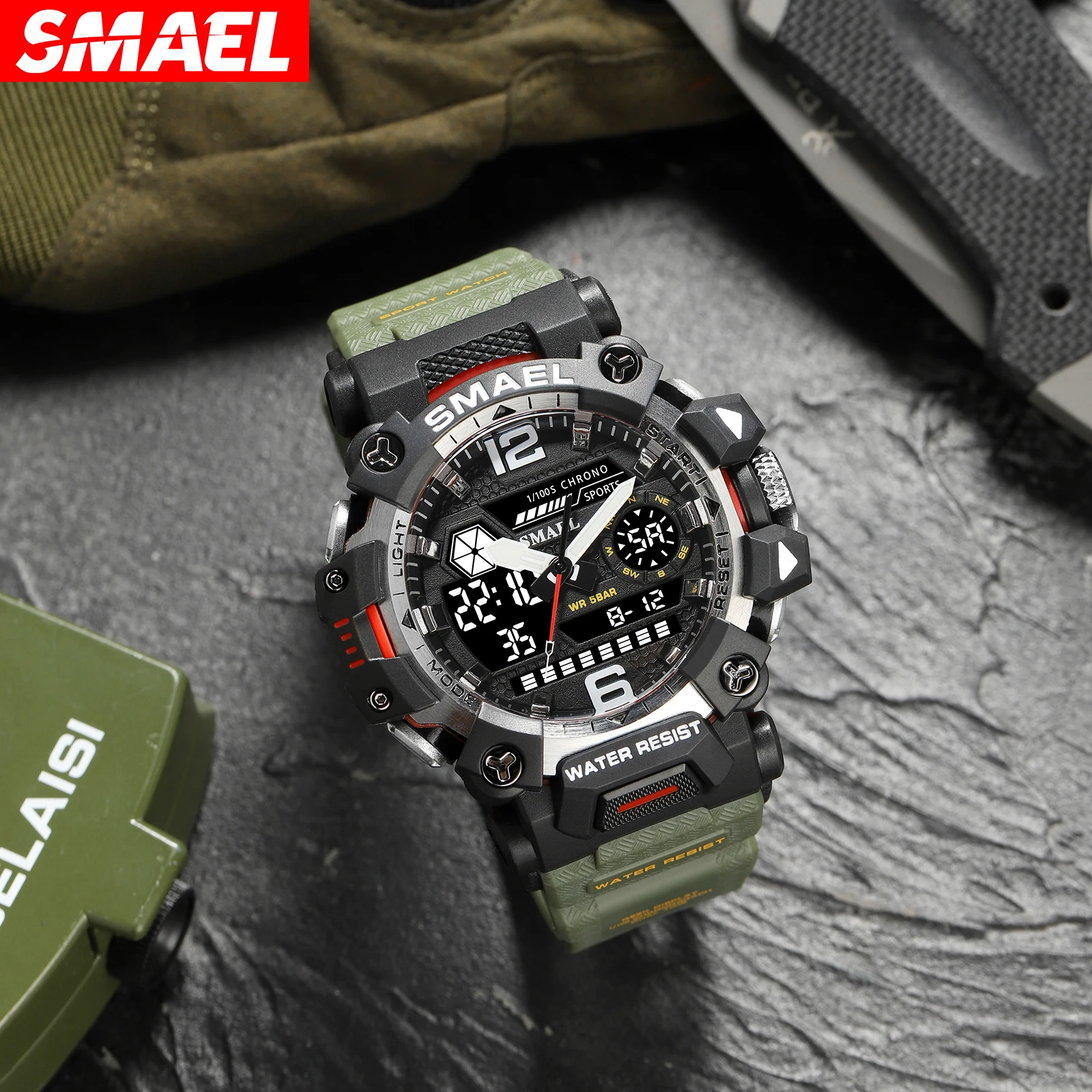 SMAEL 8072 Outdoor Tactical Men\'s Alloy Military Style Watch Night Glow Waterproof Dual Display Quartz Electronic Watch