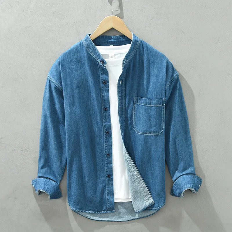 Men's Denim Shirt Long Sleeve Cotton Slim Fit Casual Shirt Blue Jean Button Up Western Shirts for Men Fashion Streetwear Top