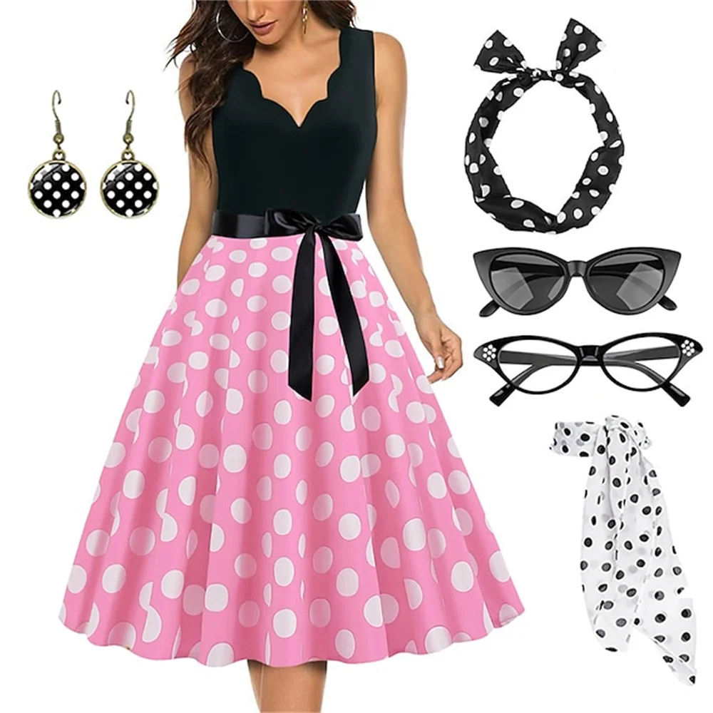 Women's Rockabilly Dress Polka Dots Swing Flare Dress with Accessories Set Earrings Necklace Headband Glasses Gloves Dress