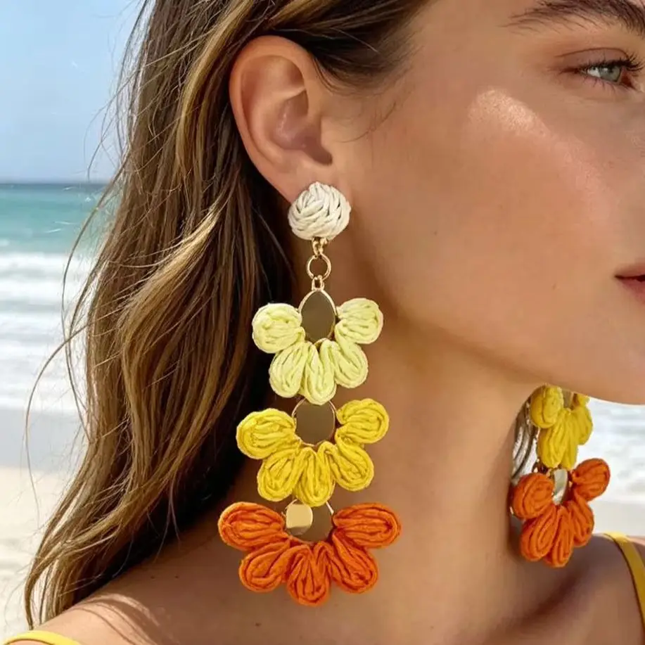 Tocona Vintage Woven Colorful Lafite Flower Petal Pendant Earrings for Women's Temperament Vacation Jewelry Accessories Gifts