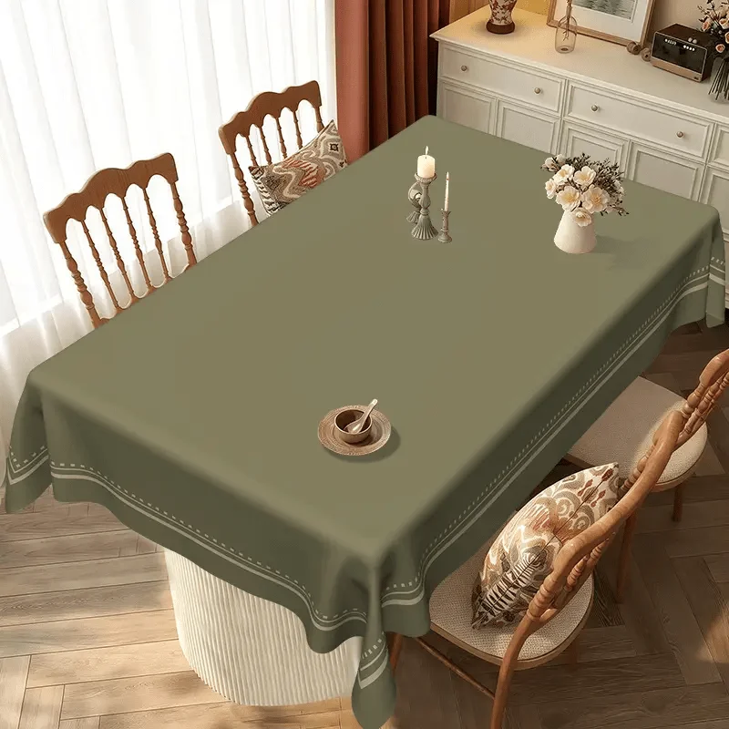 Retro and simple border tablecloth in olive green classic color. Elegant arrangement for living room and dining room.