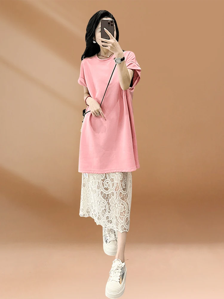 

Ladies Summer Tea Series Hollow out T-Shirt Dress Set Lazy Style Loose Skirt Two-Piece Set Fashionable Short Sleeve round Neck