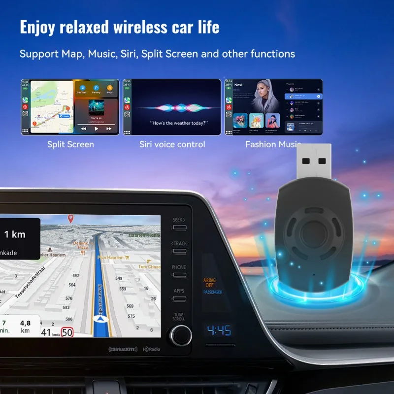 

Мини-Carplay Box 2 в 1, проводная к беспроводному Carplay, беспроводная Android, автоматическая поддержка Plug and Play, карта, музыка, разделенный экран Siri