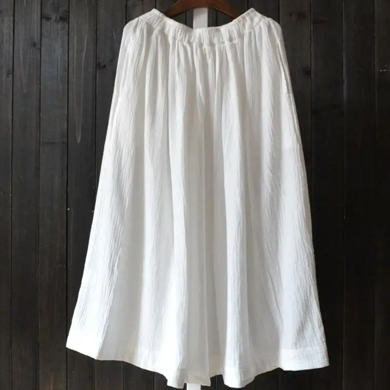 Autumn 2026 New Vintage Cotton Linen Pleated Skirts Women Long Maxi Tulle Solid Casual Skirt Elastic Waist Chic Vintage Clothes