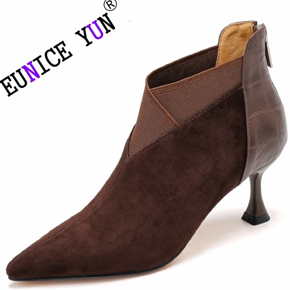 

【EUNICE YUN】Women Brand Handmade Genuine Leather Boots Pointed V-Mouth Sexy Slim Mid Heel Short Ladies Ankle Boots 33-40