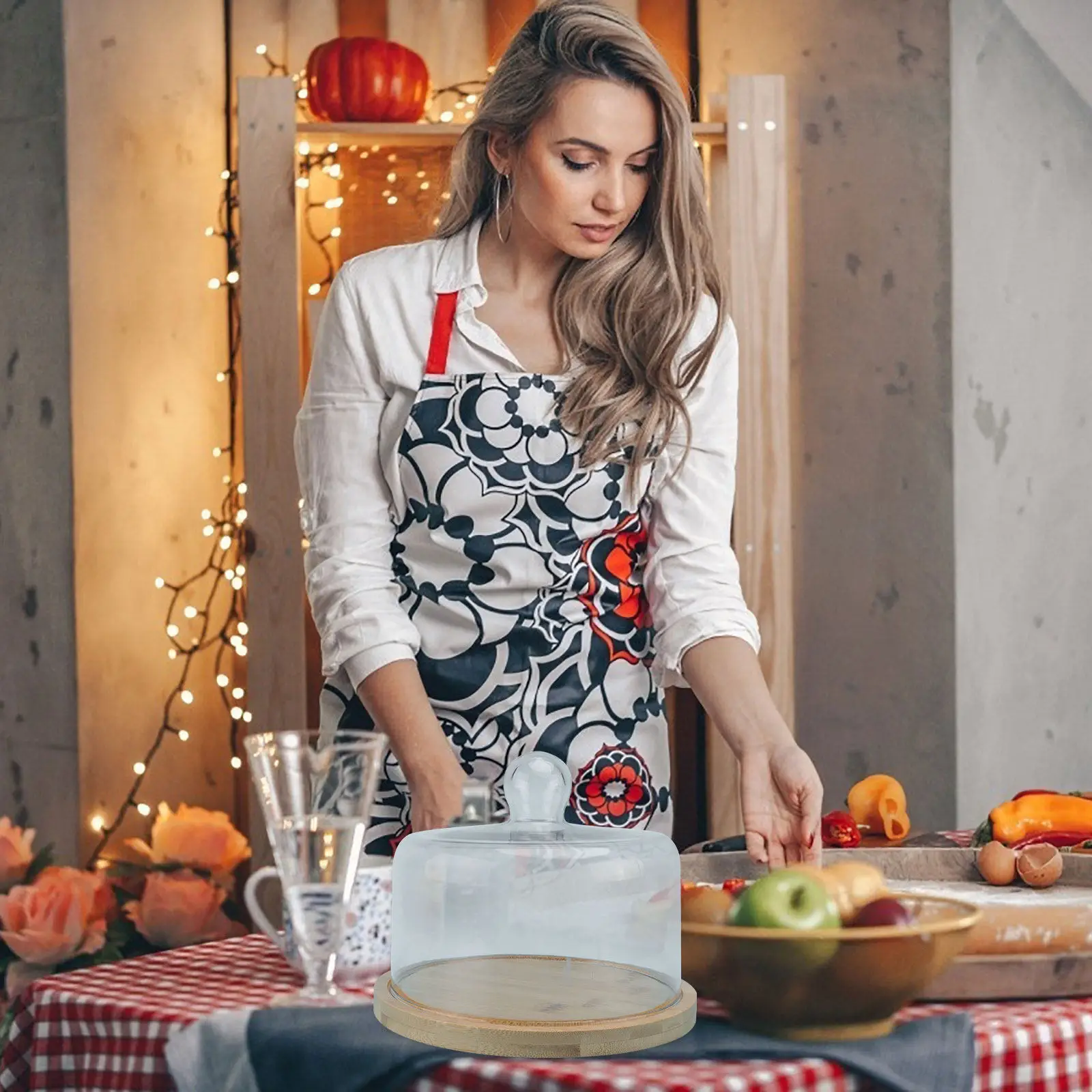 

1Pcs Rotating Cake Tray Pastry Plate with Khaki Wooden Tray Glass Cover Household Dessert Snack Display Plate Multipurpose Food