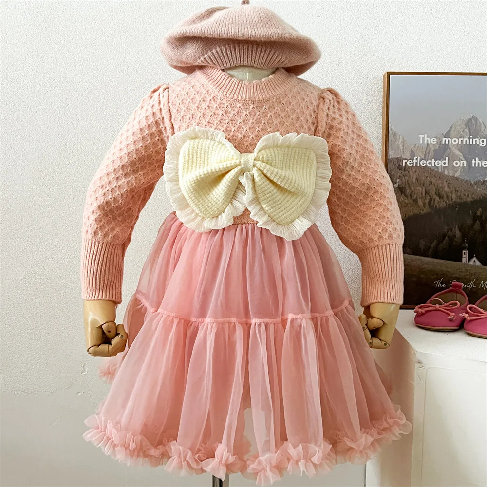 Autumn and winter princess dress girls knitted splicing mesh foreign style girls big bow fairy princess dress