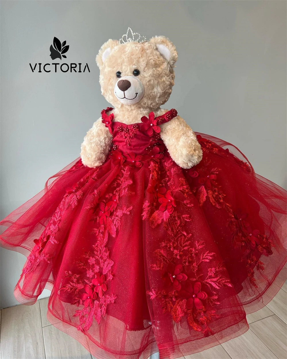 

Red Lace Applique Personalized Quinceanera Teddy Bear Dress Sweetheart Flowers Appliques Crystals Bead Off The Shoulder