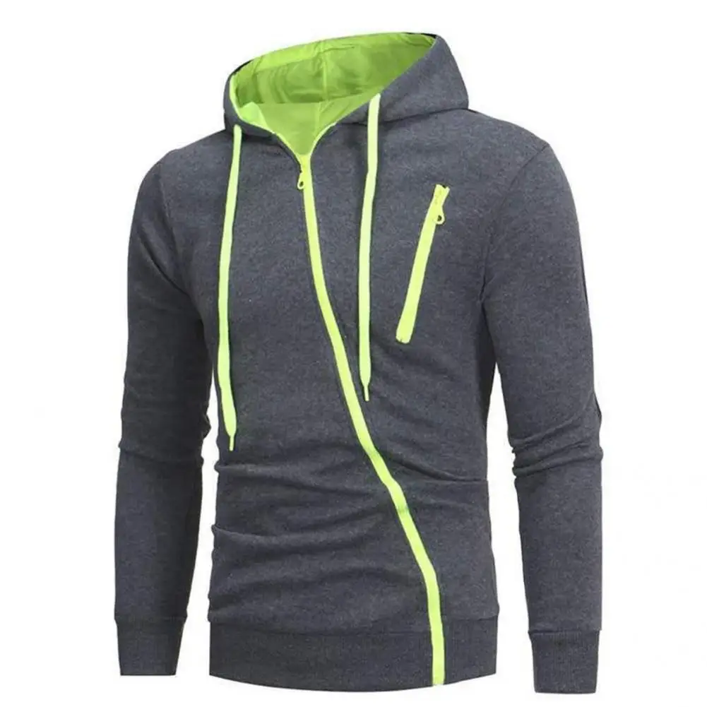 Stylish Hoodie Contrast Colors Slim Oblique Zipper Fly Winter Coat  Warm Men Hoodie for Home