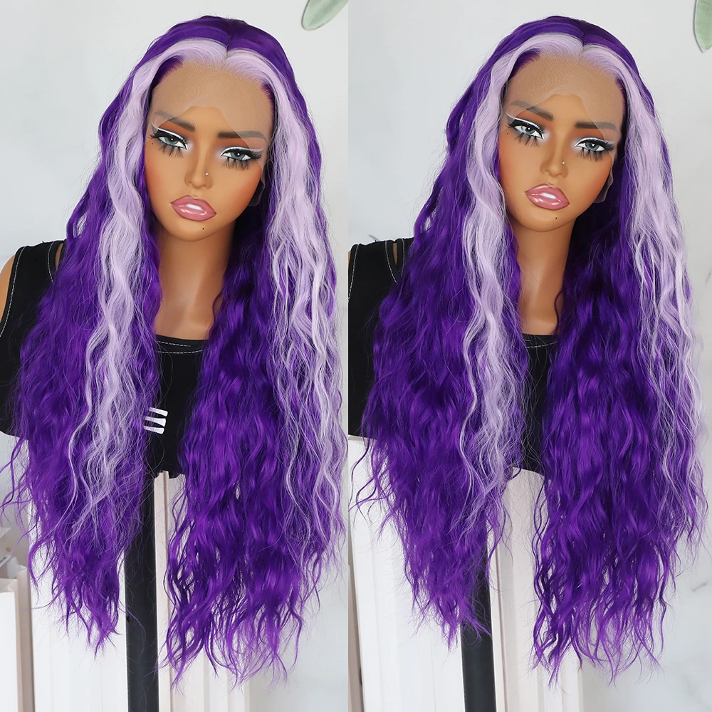 

Синтетические парики с кружевной передней частью 13x4, 26 дюймов, свободные кудрявые волосы, бело-фиолетовый смешанный цвет, водная волна, предварительно прорезанные, с естественной линией роста волос, для вечеринок