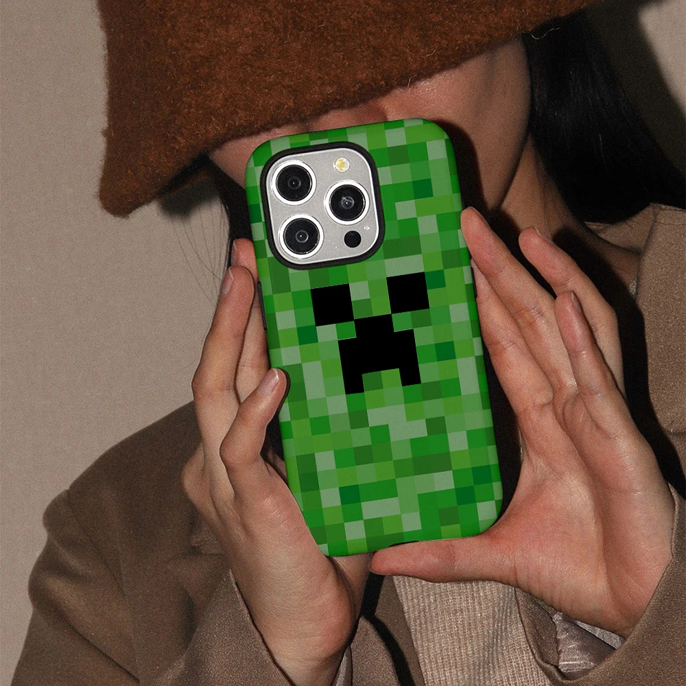 Grüne Pixel-Monster-Cartoon-Handyhülle für iPhone 16 15 14 13 12 11 X XS XR XSMAX 7 8 Pro Max Plus Luxuriöse doppellagige Rückseite