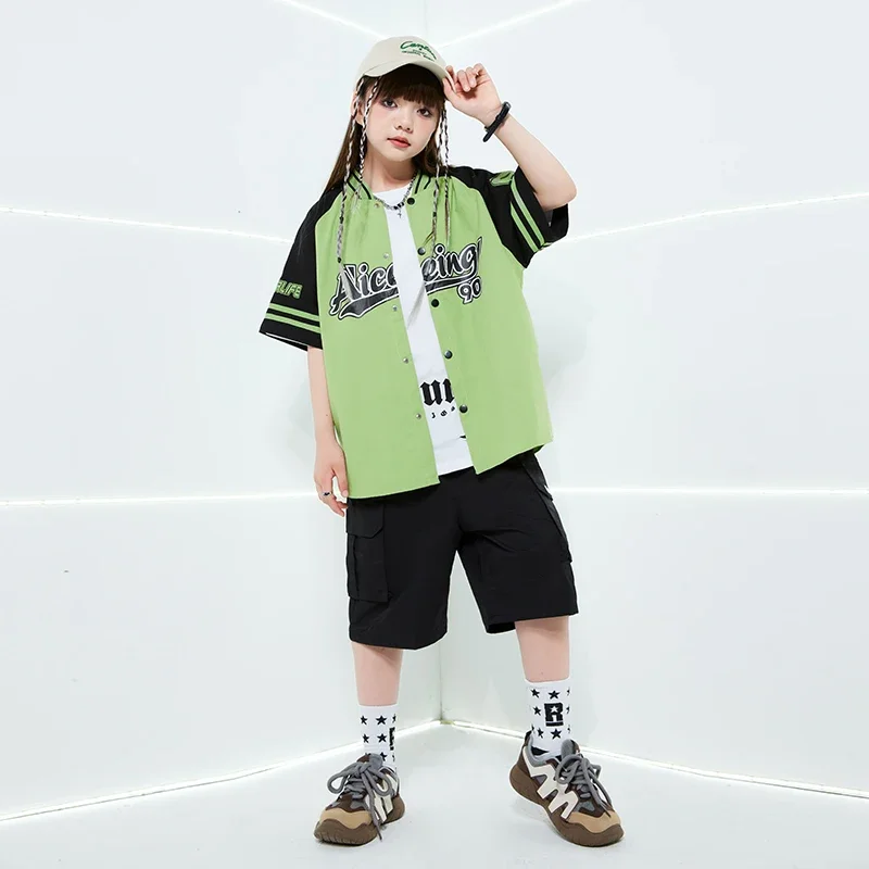 Manteau de Baseball rose Hip Hop pour filles, tenue short pour garçons, veste de danse de rue, ensembles de vêtements d'été Jazz pour enfants, Costumes Streetwear