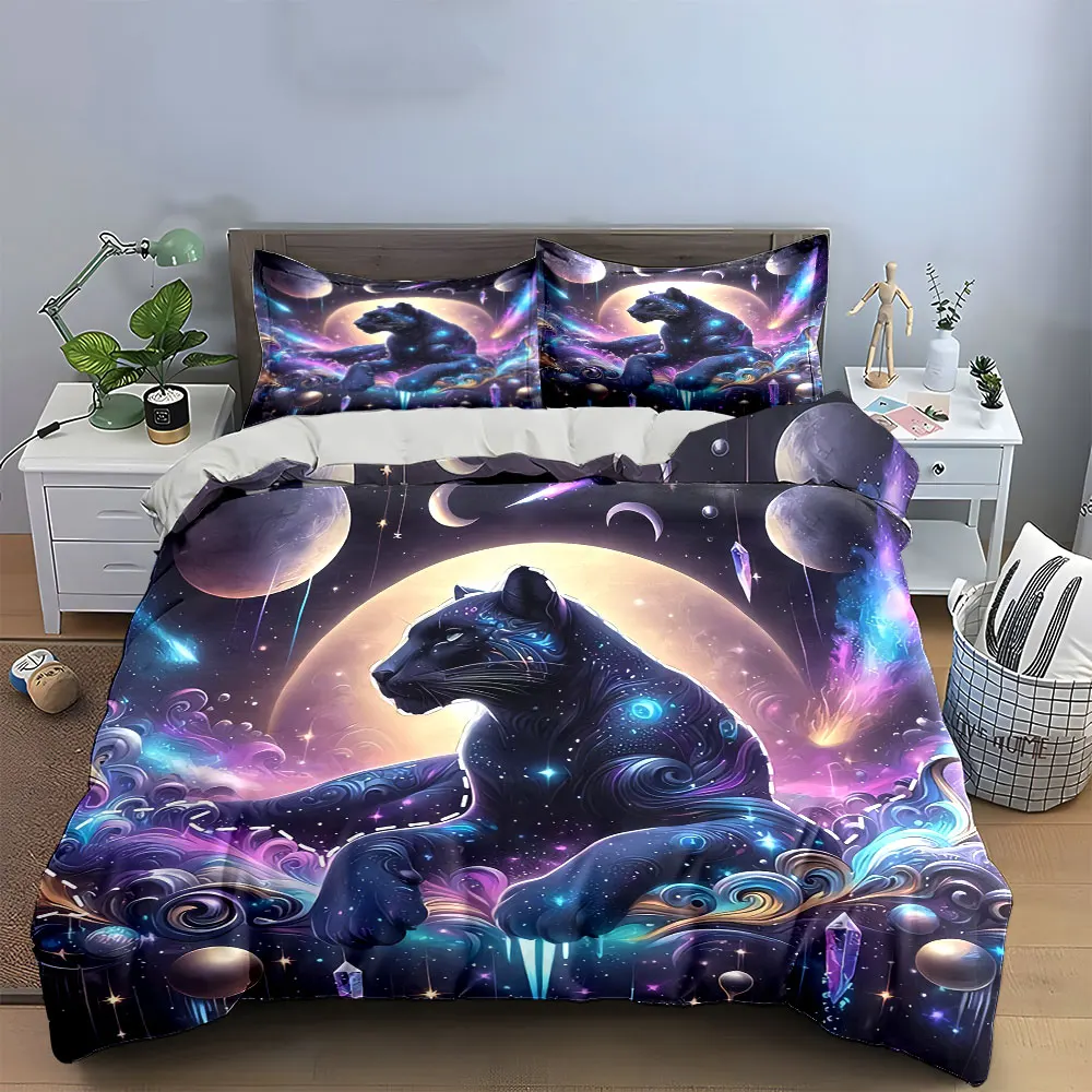 Mystical Panther Galaxy Decor Set Bedding Set with 1 Duvet Cover 2 Pillowcases Single Double King Queen, Gift