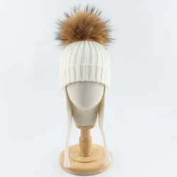 2023 Winter Crochet Baby Hat Real Fur Pompom Infant Toddler Earflap Cap Bonnet Soft Warm Beanie Solid Color Kids Knitted Hat
