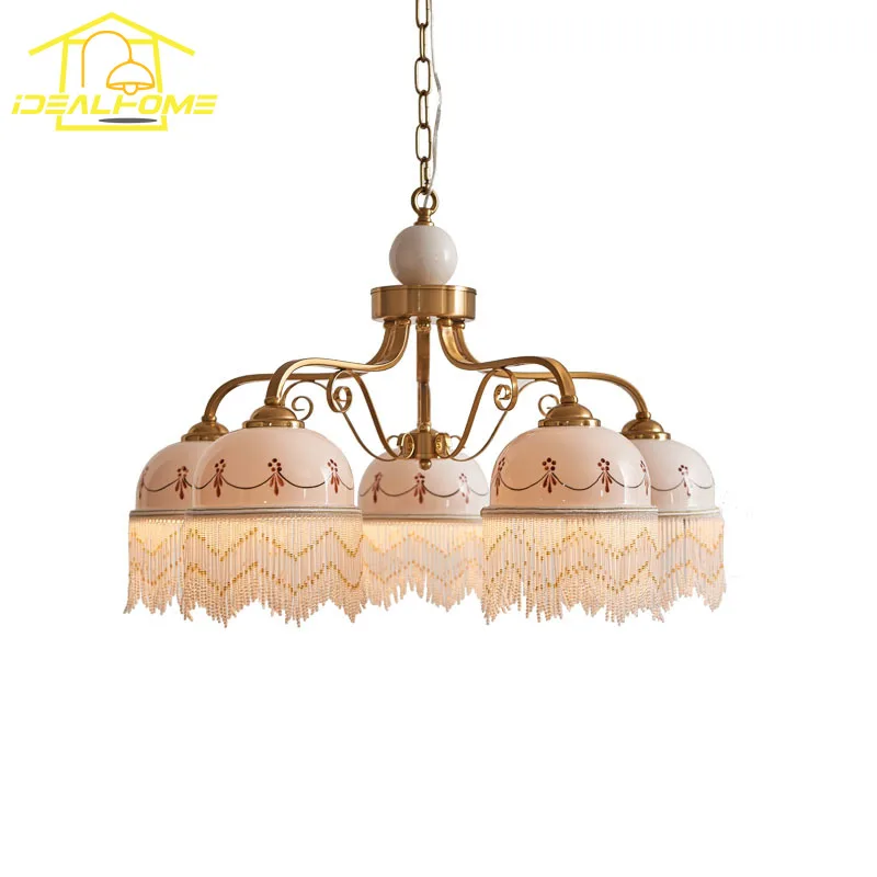 French Retro Medieval Cream Wind Chandelier Lighting LED E27 Iron Art Fringe Ceramics Pendant Lights Living/Dining Room Bedroom