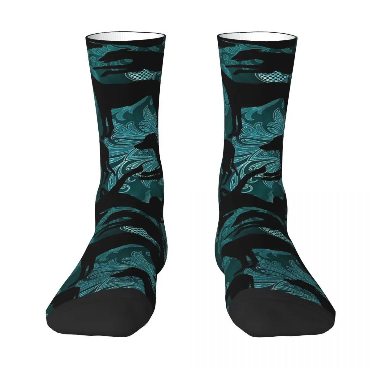 Cyan Damask Silhouetted Geryhound Greyhounds Dog Unisex Winter Socks Hip Hop Happy Socks Street Style Crazy Sock