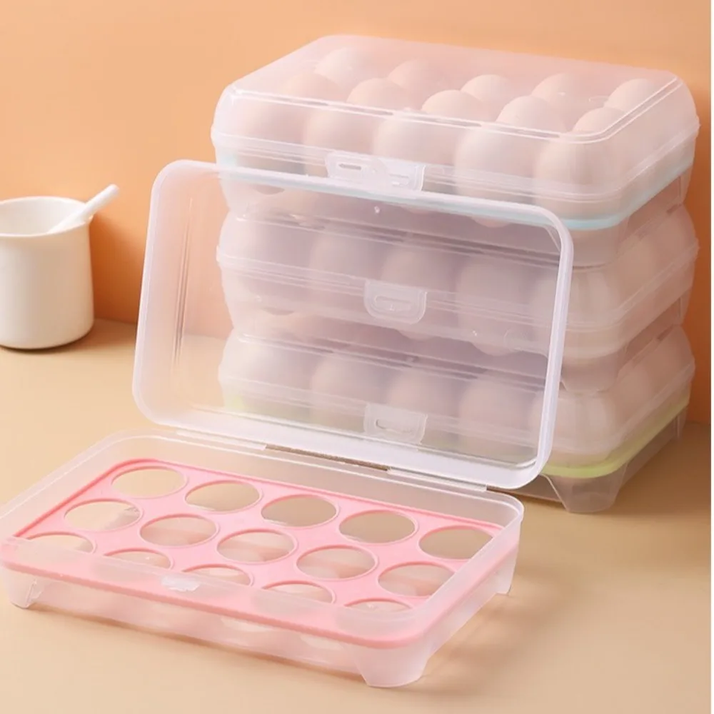 New 15 Grid Egg Storage Box with Lid Large Capacity Egg Organiser Tray Plastic Space Saving Egg Dispenser Refrigerator