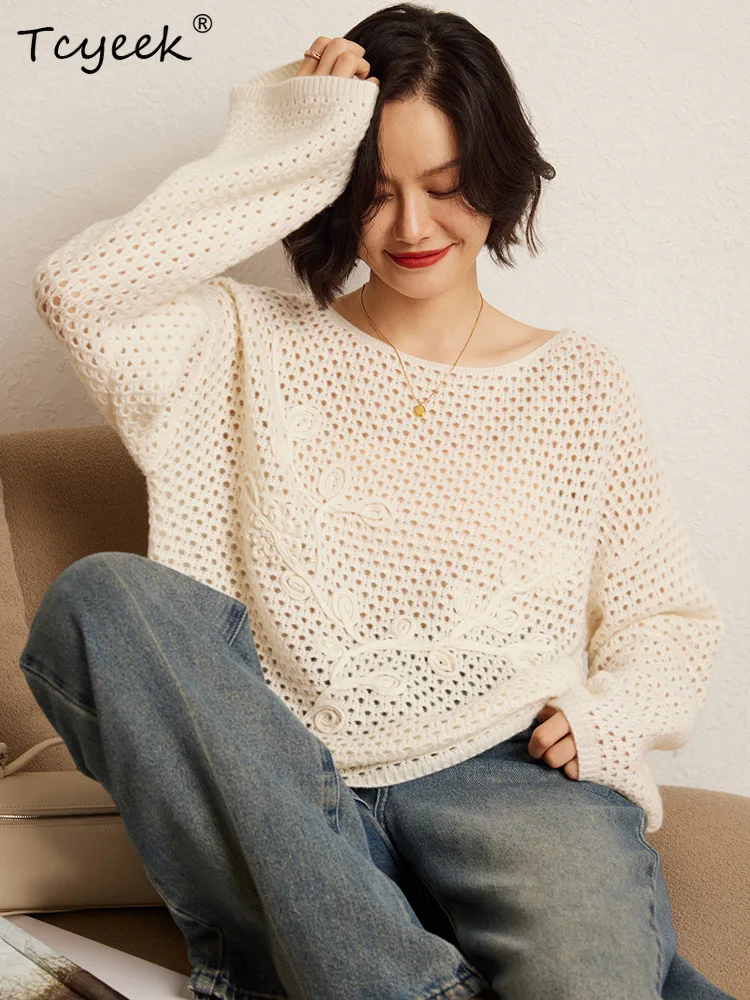 

Tcyeek, Cashmere Wool Soft Sweater, Women Slash Collar Hollow Out Crochet, Fashion Casual Pullover, Autumn Winter Top T48721QM