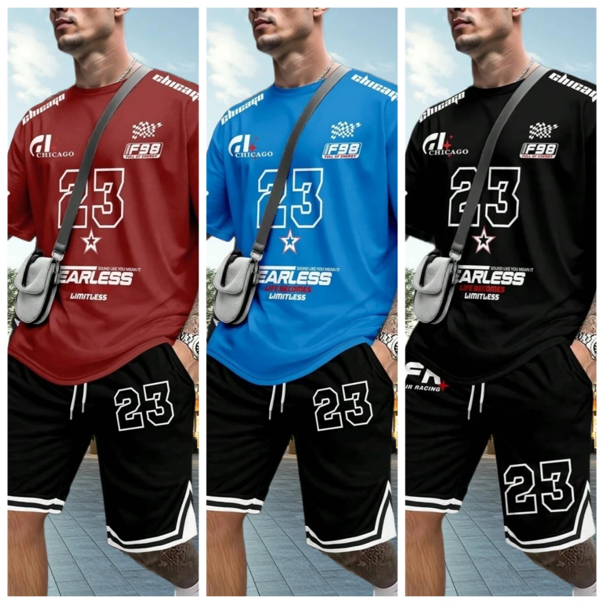 

25/26 NEW Men's Chicago Print Short Sleeve T-Shirt & Shorts Set Round Neck Gradient Short Sleeved Women's T-shirt Shorts Set