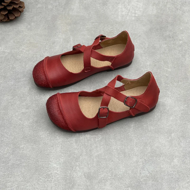 Women Original Handmade Genuine Cow Leather Belt Buckle Flat Shoes Retro Round Toe Cross Strap Mary Janes Casual Comfort Pumps view 5