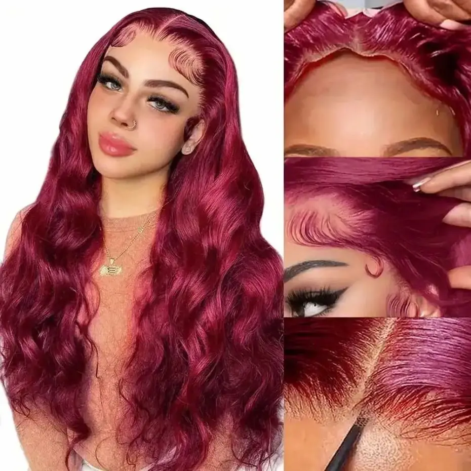 Peruca frontal de renda transparente para mulheres, cabelo humano, onda corporal, bordô, vermelho, brasileiro, 99J, 13x4, 13x6