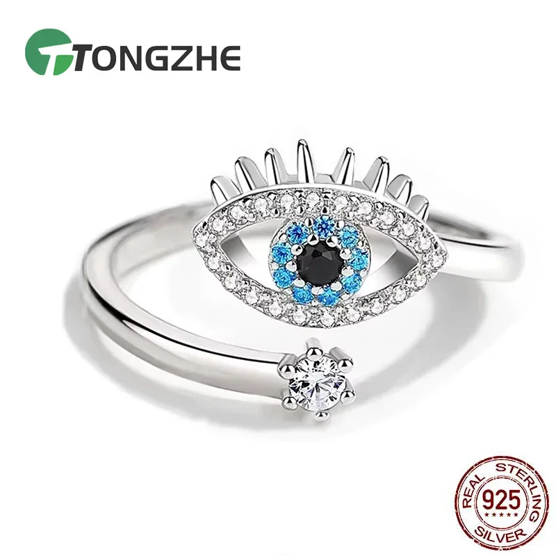 TONGZHE 925 Sterling Silver regulowane pierścienie dla kobiet szczęście Evil pierścionek z oczkiem otwarty niebieski kamień luksusowa biżuteria