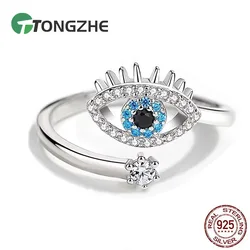 TONGZHE 925 Sterling Silver Adjustable Finger Rings For Women Luck Evil Eye Ring Open Blue Stone Luxury Jewelry Gift