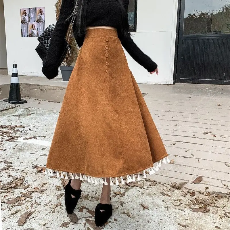 Autumn and Winter Women's Solid Loose Tassel Button Corduroy High Waist A-Line Elegant Fashion Office Lady Retro Knee Skirts