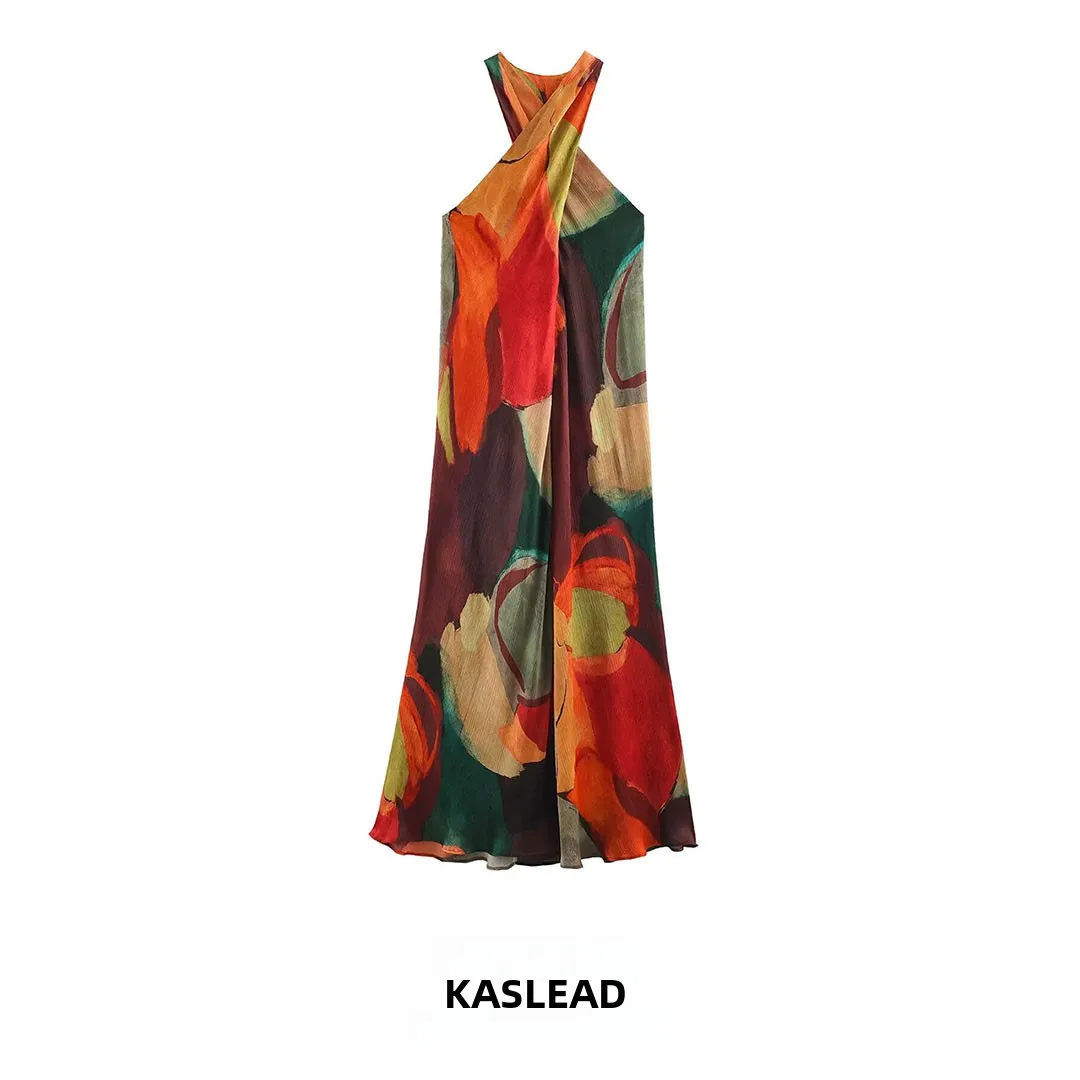 KASLEAD New Women's High-End Printed Long Dress Elegant Umbrella Skirt Style Casual Polyester Fiber Autumn Collection