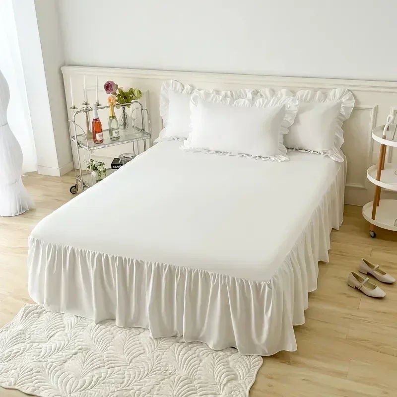 Solid Color Bed Skirts Sanding Lace Bed Cover Bedroom Non-Slip Mattress Cover Skirt Bedspreads Bed Two-Layer Decorated Cover