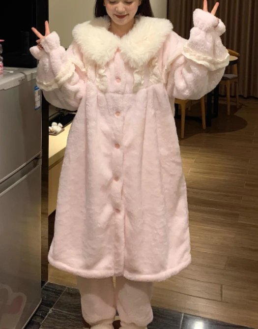 حجم كبير الحلو الوردي الأميرة الحد من العمر ثوب النوم النساء الخريف الشتاء سميكة الدافئة المرجان بيجامة من الصوف المتسكعون مجموعة #6