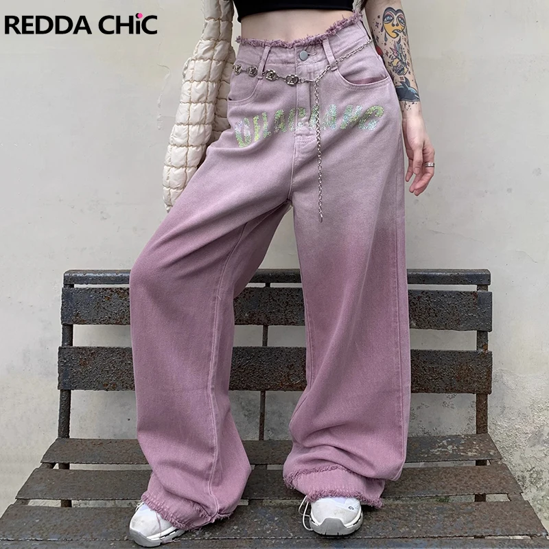 

REDDACHiC Hiphop Women Diamond Letter Baggy Jeans High Waist Frayed Graphic Gradient Wash Vintage Wide Leg Pants Y2k Streetwear