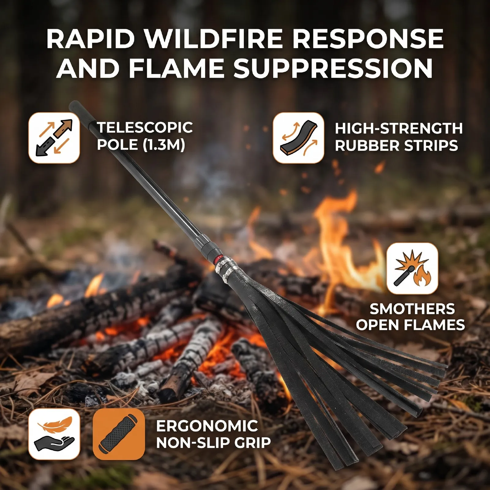 Extinguishing Rubber Mop with 1.3 Meter Telescopic Pole Whip Firefighting Tool for Forest Grassland  Control