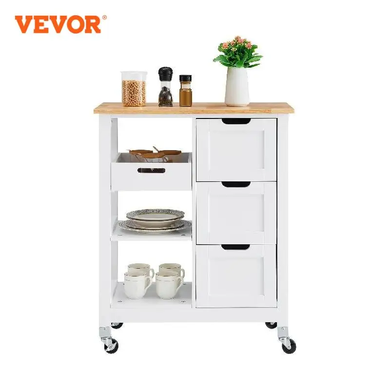 VEVOR Kitchen Island Cart Wood Top Mobile Breakfast Bar Rolling Kitchen Table with Drawers and Shelves Portable Island on Wheels