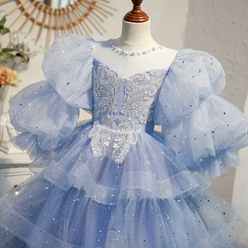 Vestido de baile com mangas puff para bebês, vestidos de festa azul céu para crianças, casamento e aniversário, baile e vestidos