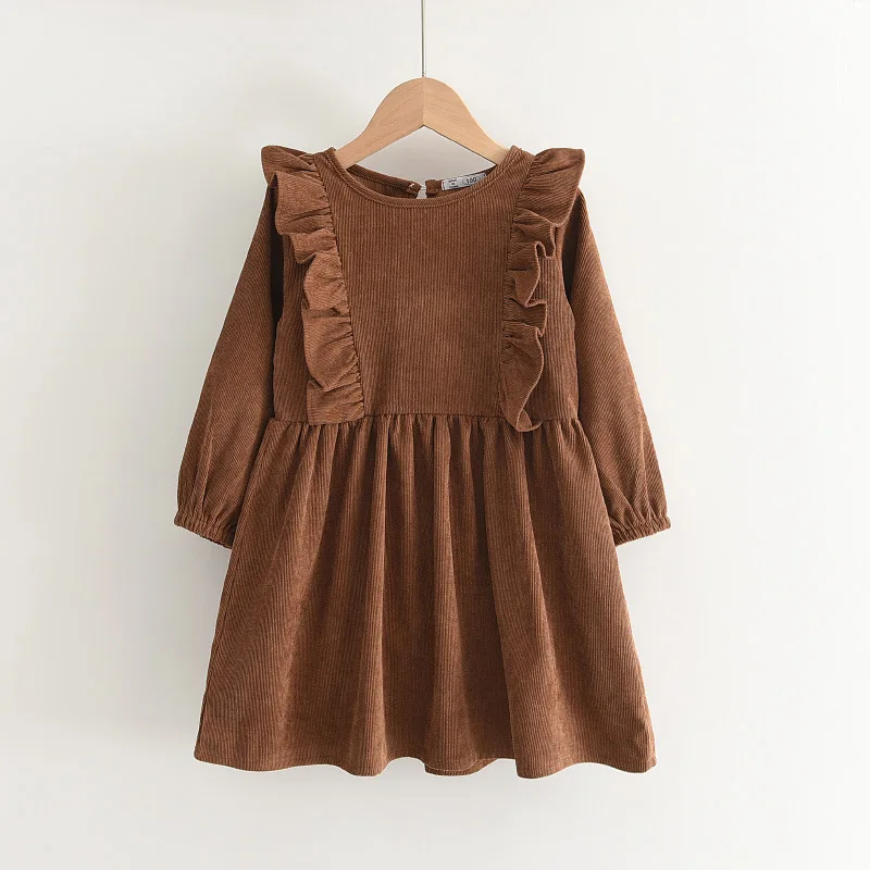 Girls Dress Baby Autumn New Round Neck Fungus Edge Long Sleeve Dress Solid Color Corduroy Dress Fashion